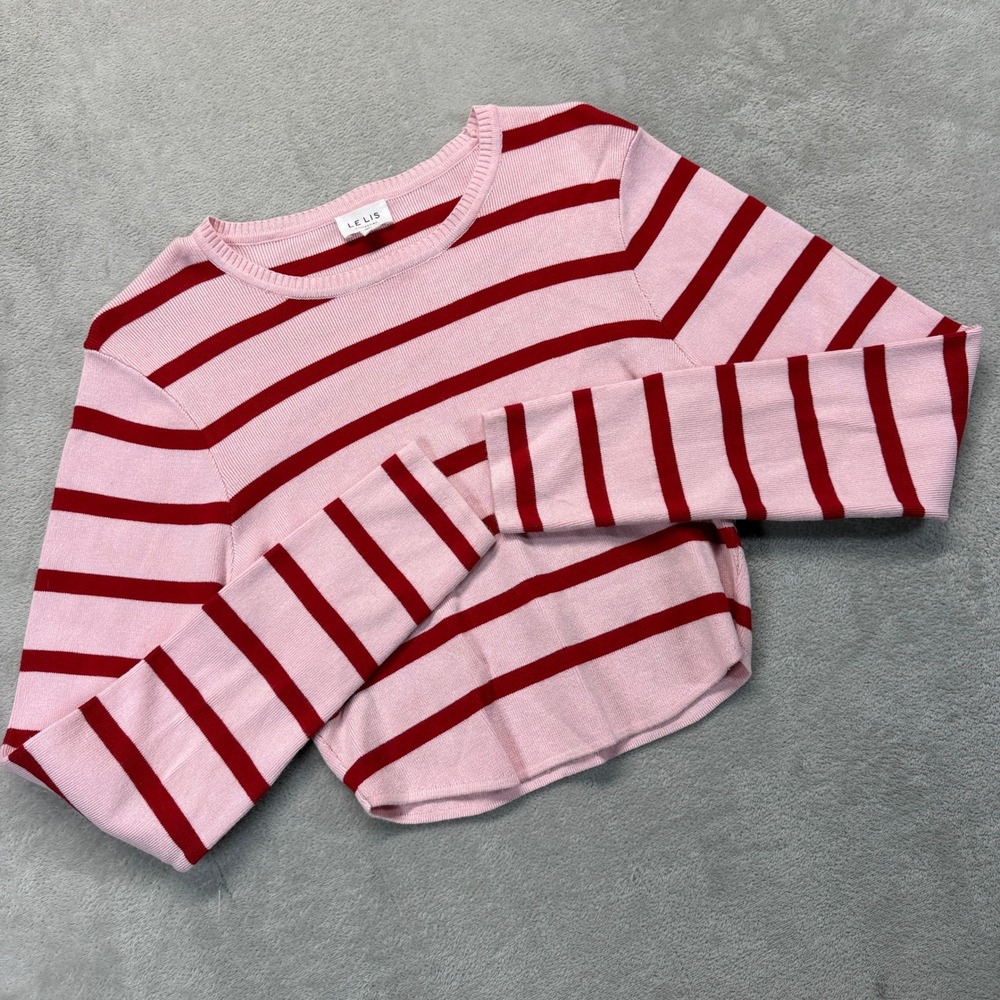 Le Lis Sweater Women's Medium Pink Red Striped Cropped Rayon Knit Long Sleeve